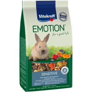 Vitakraft Emotion Sensitive cibo per conigli, senza cereali, confezione da 600g con immagine di coniglio.