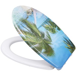 Sedile WC Diaqua Palm, in duroplast, multicolore con palme e chiusura rallentata.