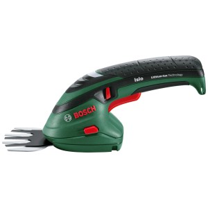 Cisailles à gazon sans fil Bosch Isio avec lames pour herbe et arbustes en set avec étui souple.
