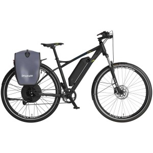 Vélo électrique noir Prophete eSUV 22.EMS.10 avec 9 vitesses et porte-bagages.