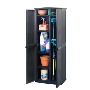 Mobile multiuso Keter Rattan color antracite, aperto con ripiani regolabili e accessori da giardino.