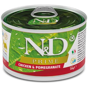N&D Prime alimento umido per cani Pollo e Melograno, lattina da 140g per cani adulti di taglia piccola.