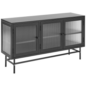 Buffet noir Devon avec 3 portes en verre, structure en métal. Design moderne pour salon et couloir.
