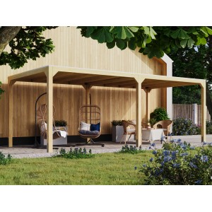 Ensemble de pavillon Karibu Fyrkant, naturel, avec extension dans le jardin.