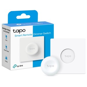 Tapo Dimmerschalter S200D Weiss für Hausautomation, mit Verpackung und separatem Schalter.