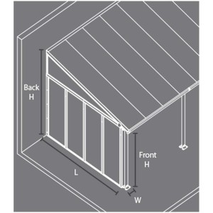 Schizzo della parete laterale Feria 3 bianca per copertura patio, con dimensioni di altezza, larghezza e lunghezza.