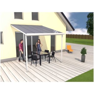 Copertura per terrazza bianca in kit, 306x306 cm, con tavolo e sedie sulla terrazza.