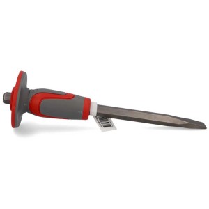 Scalpello piatto 16 x 300 mm con manico grigio-rosso e protezione per lavori di muratura e demolizione.