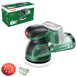 Ponceuse excentrique sans fil Bosch UniversalOrbit 18V-20 avec accessoires et emballage.