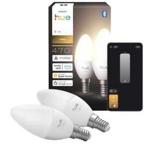 Philips Hue E14 Kerzenform Leuchtmittel 2er Set, warmweißes Licht, smart steuerbar per App.