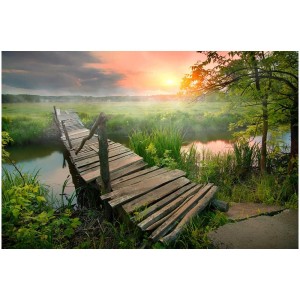 Quadro su tela Artis 'Tramonto Naturale', 45x65 cm. Ponte di legno su ruscello al tramonto.