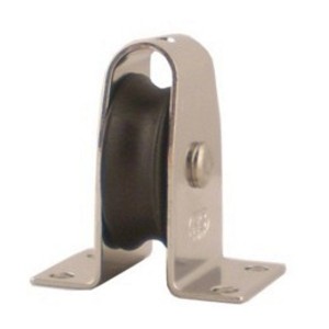 Boezzello verticale in acciaio inox con rullo in plastica nera per funi fino a 8 mm, adatto a diverse applicazioni.