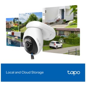 Tapo C660 Überwachungskamera-Kit mit Solarpanel, Weiss. Aussenansichten werden gezeigt.