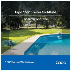 Tapo Überwachungskamera C425 mit 150° Weitwinkel, die einen Pool und Garten zeigt.