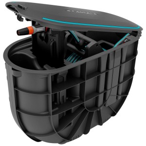 Gardena RollUp M box interrata per tubo da giardino con tubo da 20 m, aperta.