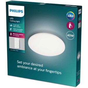 Emballage du plafonnier LED rond blanc Philips Izso Aio avec télécommande, 40W.