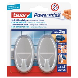 tesa Crochets adhésifs, lot de 2, ovales, chrome mat, avec 4 Powerstrips Large, supporte jusqu'à 2 kg.