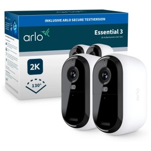 Arlo Essential 3 2K WLAN Sicherheitskamera 2er-Set in Weiß, mit Verpackung.