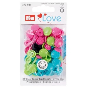 Prym Color Snaps Fiore, 21 bottoni a pressione in plastica (Ø 13,6mm) in rosa, verde e turchese.