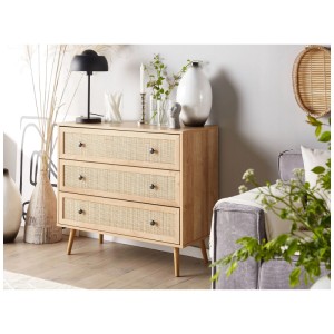 Commode Beliani Ponca avec 3 tiroirs en rotin marron, 79x90x40 cm. Commode style bohème.
