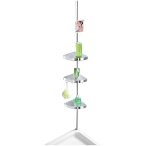 Wenko Étagère d'angle télescopique Premium, brillante, avec 3 étagères, miroir et crochets. Étagère télescopique réglable en hauteur.