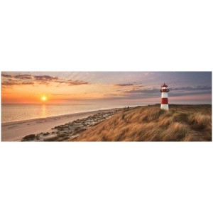 Deco Panel Faro Tramonto, 30x90 cm. Quadro con faro sulla spiaggia al tramonto.