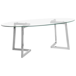 Table basse moderne Fresno avec plateau en verre et cadre en métal argenté, forme ovale.