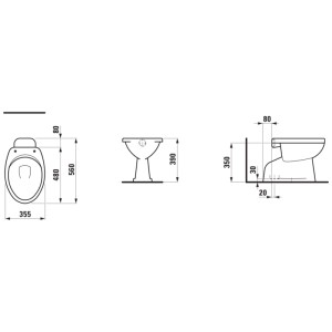 Dessin technique du WC à poser Laufen Pascha à chasse directe blanc. Forme ovale en céramique avec dimensions.