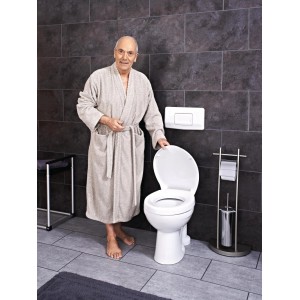 Abattant WC Ridder Premium blanc avec rehausse 55 mm et fermeture ralentie dans une salle de bain.