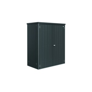 Armadio da giardino Biohort in metallo grigio scuro metallizzato, modello 150, con doppie ante.