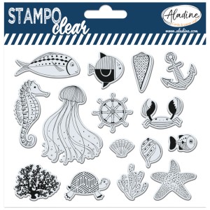 Aladine Clear Stamp Fische, 15 Stk., transparente Stempel mit maritimen Motiven zum Basteln.