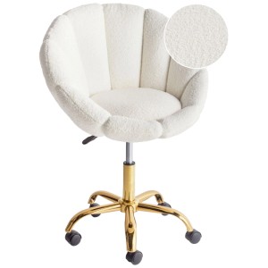 Chaise pivotante Bouclé blanche Annabelle design coquille. Piètement métal doré, roulettes. Chaise de bureau réglable.