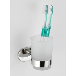 Wenko Zahnputzbecherhalter Turbo-Loc Uno Orea Shine mit satiniertem Glas und Edelstahl-Halterung.
