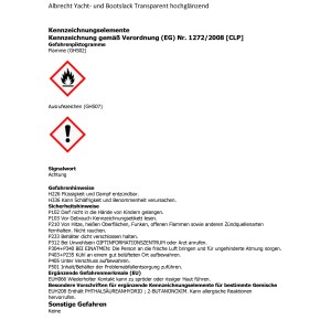 Etichetta della vernice per yacht e barche Albrecht con informazioni sui pericoli e sulla sicurezza.
