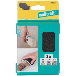 Lot de 3 éponges à poncer Wolfcraft, grains 60, 120 et 180, pour poncer les contours.