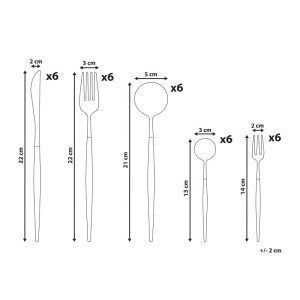 Dessin coté du set de couverts Beliani Bavette, 30 p. acier inoxydable. Montre couteaux, fourchettes, cuillères avec mesures.