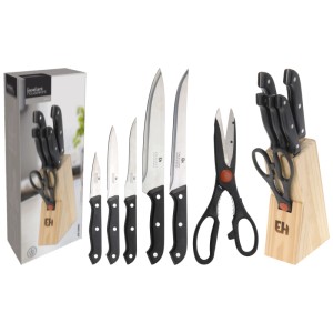 Koopman Messer-Set, 7-teilig, Edelstahl, Schwarz, mit Messerblock und Schere.