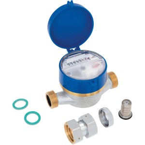 Compteur d'eau froide et chaude, 25 mm x R 3/4 filetage intérieur, avec couvercle bleu et accessoires.