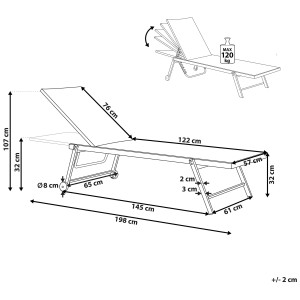 Schizzo del lettino da giardino nero Beliani Portofino con dimensioni.