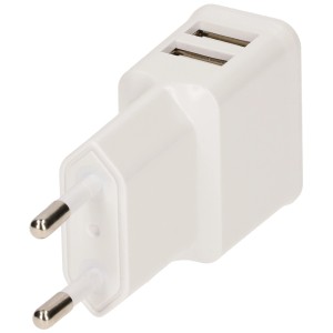 Caricatore USB Goobay bianco con 2 porte USB-A e spina europea.