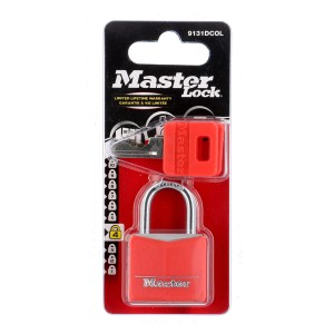 Master Lock Vorhängeschloss, 30 mm, assortierte Farbe (rot), mit Schlüssel und Schlüsselkappe.