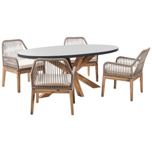 Ensemble de jardin Oristano 5 p.: table ovale ciment gris, 4 chaises tressées en acacia avec coussins clairs.
