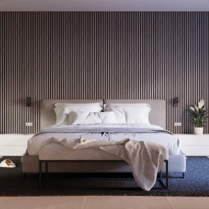 Camera da letto con pannelli acustici in rovere grigio su feltro nero, 240 cm, certificato FSC®.