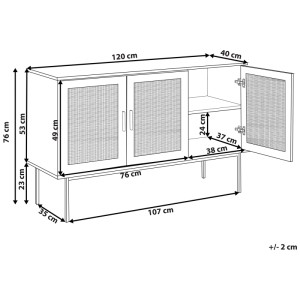 Schéma : Buffet Beliani Pasco, marron clair, 76x40x120cm, avec portes en rotin et dimensions.