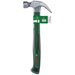 Marteau de charpentier Bosch, tête en acier, manche vert, 16 oz, idéal pour marteler et retirer les clous.
