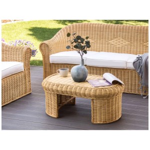 Tavolino da esterno Beliani Livadeia in rattan, colore naturale, forma ovale. Tavolino da giardino in stile boho.