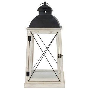 Lanterne en bois blanc Samara taille L, 61x29 cm, avec panneaux en verre et toit en métal noir.