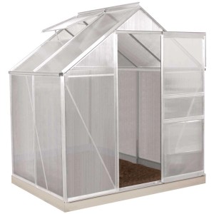 Vitavia Gewächshaus Planet 2500, silbernes Aluminium, Hohlkammerplatten, offene Tür.