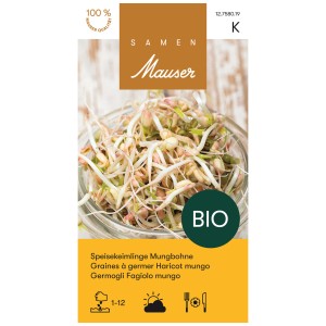 Mélange de graines germées de haricot mungo bio en verre, idéal pour les amateurs de graines germées.
