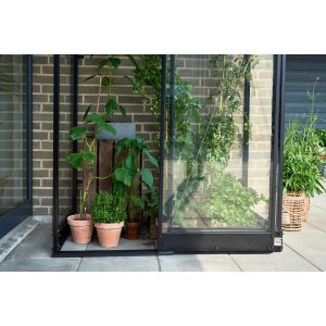 Serra da appoggio Halls Qube Lean-to 24 nera con piante ed erbe aromatiche.